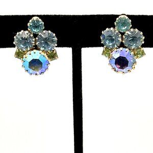 URANIUM glass & AB rhinestone earrings - vintage Weiss? blue green gold clip-ons